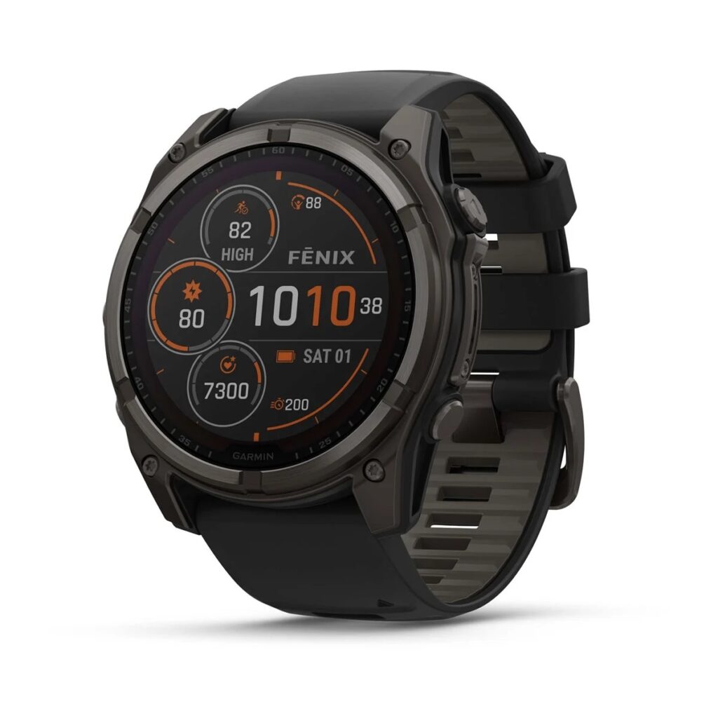 Garmin Fenix 8 – 51 mm – Solar Sapphire – Carbon Gray DLC Titanium with Black/Pebble Gray Silicone Band – 010-02907-10