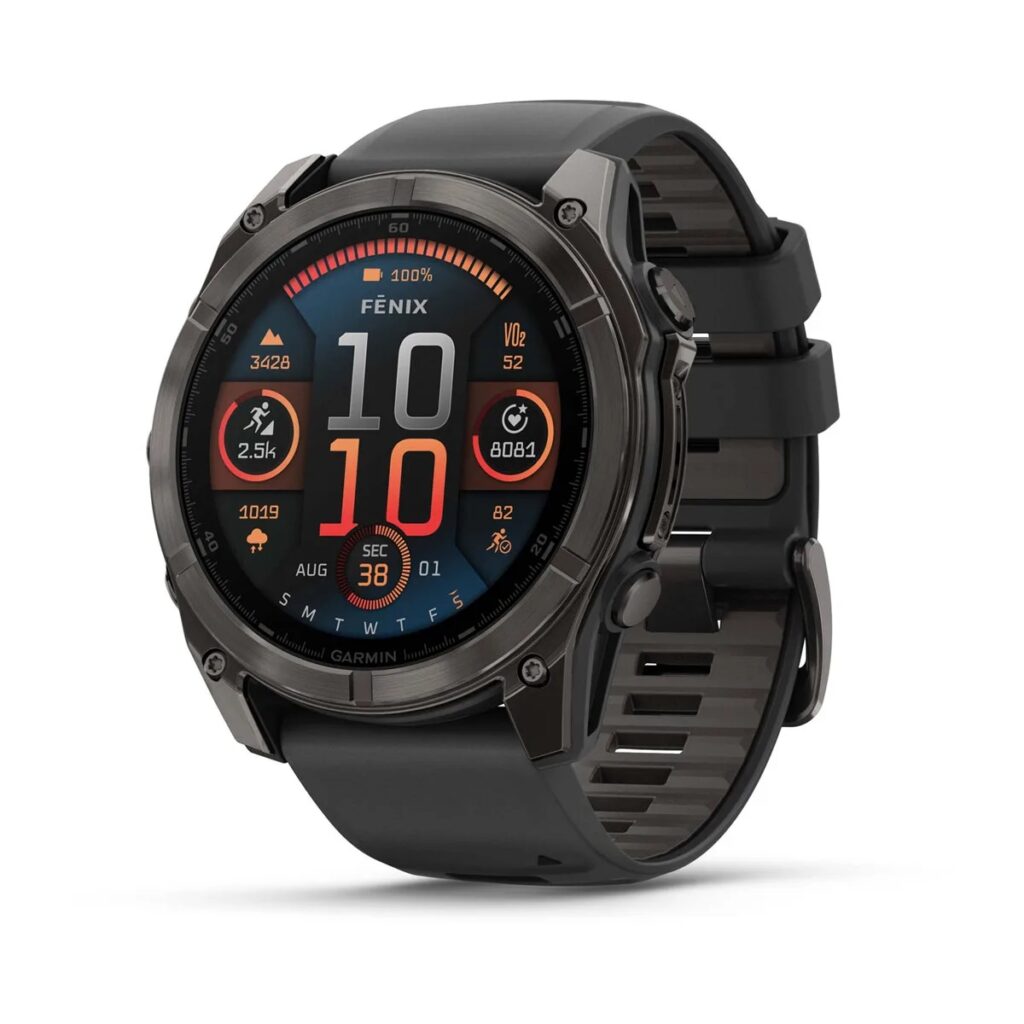 Garmin Fenix 8 – 51 mm – AMOLED Sapphire – Carbon Gray DLC Titanium with Black/Pebble Gray Silicone Band – 010-02905-20