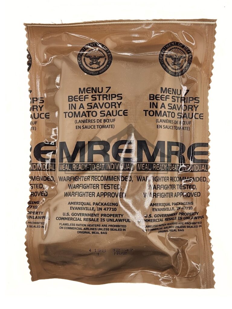 Beef Strips In Sauce – Menu 7 – 2027 Inspection Date – Meals Ready To Eat US Military MREs