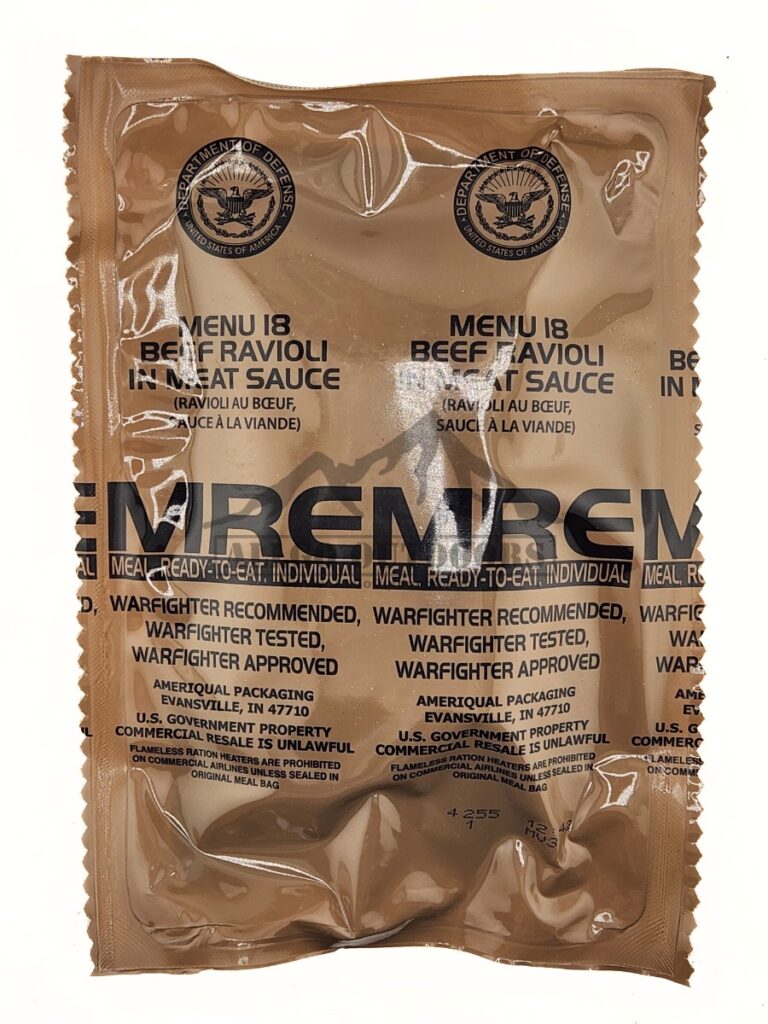 Beef Ravioli In Meat Sauce – Menu 18 – 2027 Inspection Date – Meals Ready To Eat US Military MREs