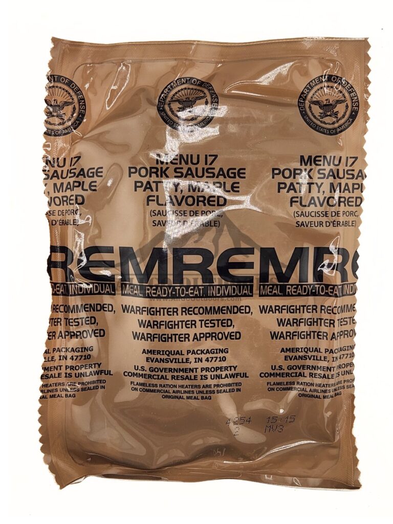 Pork Sausage Patty Maple Flavor – Menu 17 – 2026 Inspection Date – Meals Ready To Eat US Military MREs
