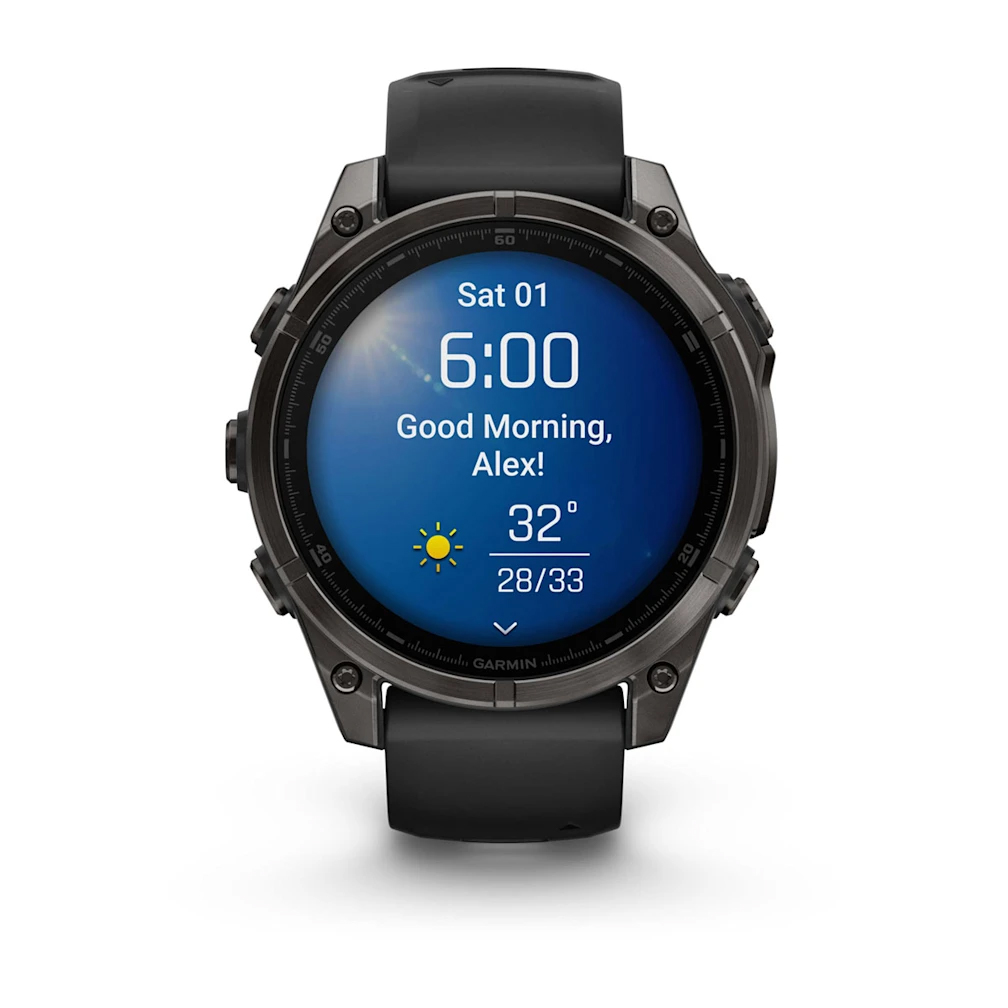 Garmin Fenix 8 – 47 mm – AMOLED Sapphire – Carbon Gray DLC Titanium with Black/Pebble Gray Silicone Band – 010-02904-20