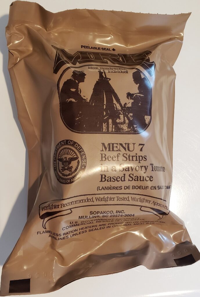 Beef Strips in Tomato Sauce – Meals Ready To Eat US Military MREs – Menu 7 – 2024 Inspection Date