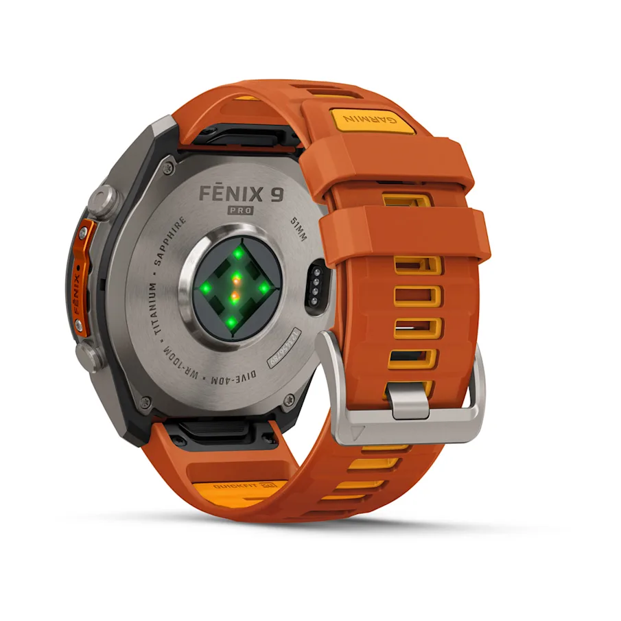 Garmin Fenix 9 Pro – 51 mm – AMOLED Sapphire – Titanium with with Autumn Orange/Spark Orange Silicone Band – 010-04337-05